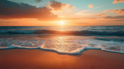 Golden sunset over the ocean waves on a sandy beach.