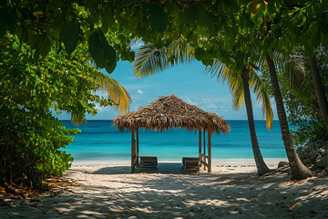 Fototapeta premium Tropical beach hut on a tranquil shoreline.