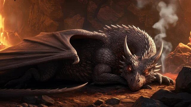 Digital illustration of a dragon resting in a cave fantasy artwork with warm colors