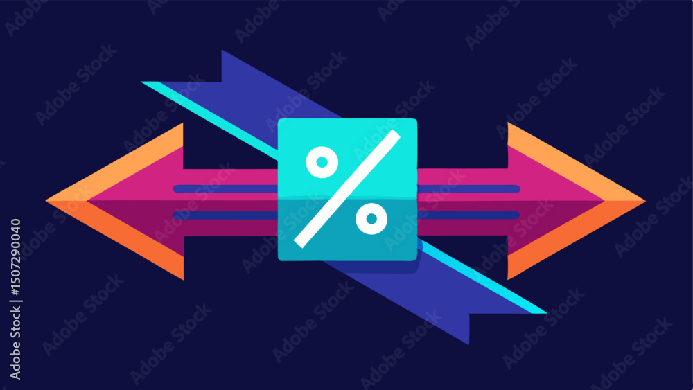 Poster double arrow with neon glow two parallel arrows converging towards a large discount sign framed by n