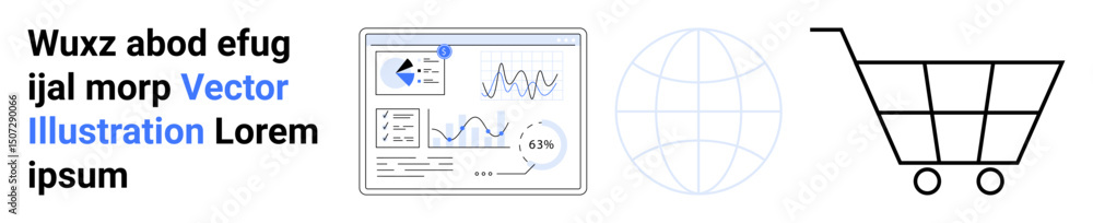 Aufkleber analytics dashboard with charts, globe symbolizing global connectivity, and shopping cart for commer