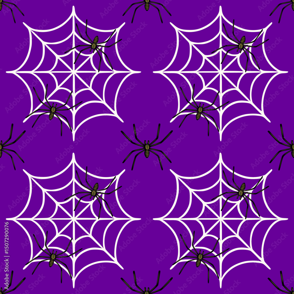 Aufkleber seamless vector pattern of halloween cobwebs and spiders on a deep purple background, featuring deta
