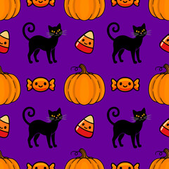 Seamless vector Halloween pattern with cute black cats, pumpkins, candy corn, and wrapped candies on a vibrant purple background, perfect for festive designs.