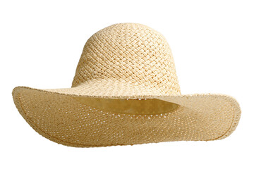 Beach straw hat front view and raised up isolated white background. Hat with clipping path as design banner, studio shot with sunlight. Summer travel hat for beach holidays on Vacation