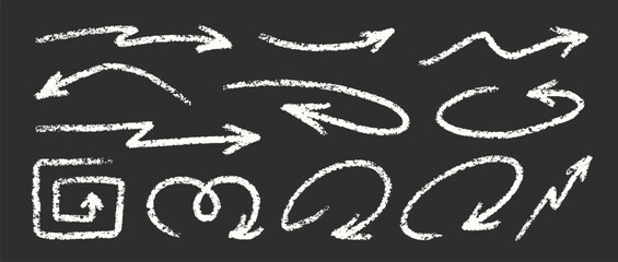 Chalk Blackboard Arrows Squiggle Vector Set. Crayon Scribble Pointer Shapes Collection. Colorful Hand Drawn Brush Texture Spiral Swirls. Pencil Emphasis Elements Charcoal Doodle Curved Symbols Bundle