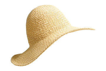 Straw hat side view isolated on white background. Beach hat with clipping path as design element banner, studio shot with sunlight. Summer travel cap for beach holidays on Vacation