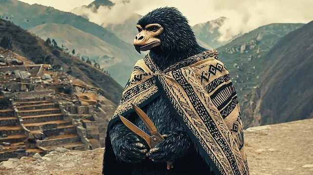 Ape figure in poncho, ancient ruins background.