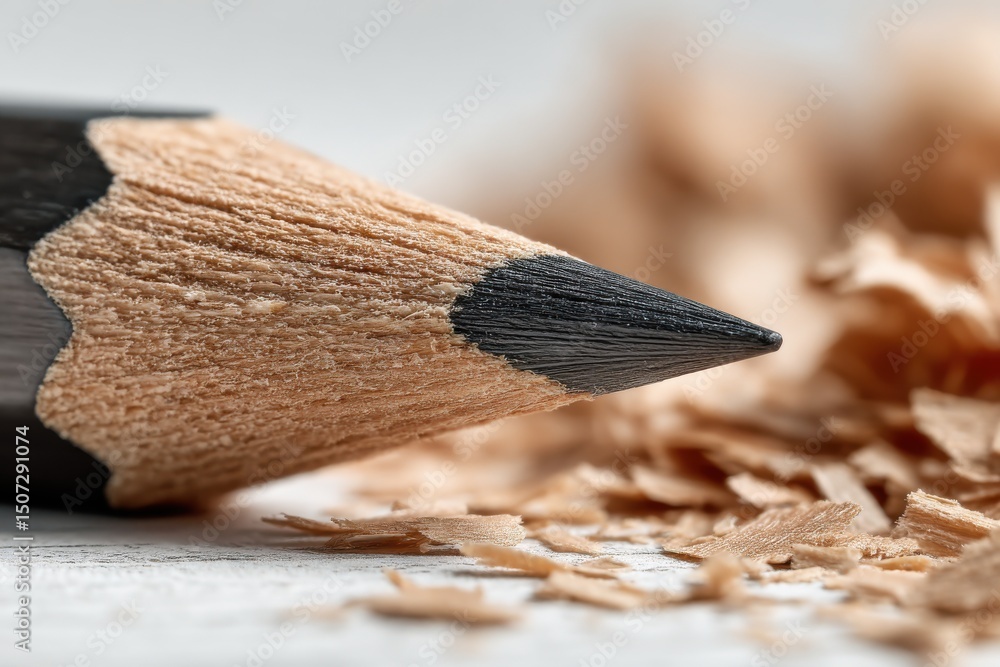 Poster macro shot of a sharpened black pencil with wood shavings scattered around, creating a textured and 