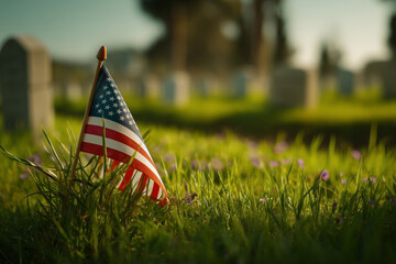 An American flag and tombstones in the background on green grass, a US military cemetery