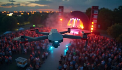 Drone Flying Over Crowd at Outdoor Music Event