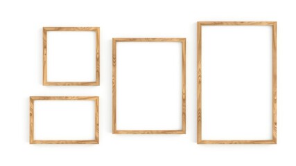 A collection of simple wooden picture frames of varied sizes create a gallery wall concept on white