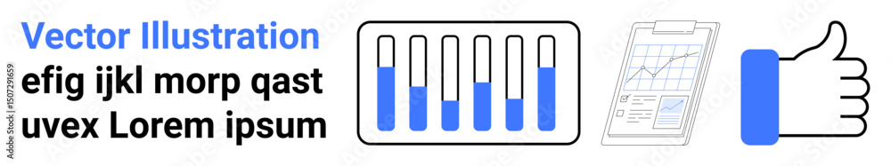 Poster bar graph showing progress, detailed report clipboard with graph, thumbs-up approval symbol. ideal f
