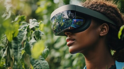 Woman exploring nature using virtual reality headset
