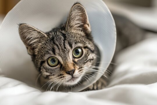 A tabby kitten wearing a cone of shame, lying on a white blanket and looking at camera with large green eyes; soft, natural lighting, cozy and gentle