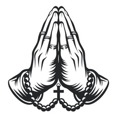 Praying hands with a rosary and cross. Monochrome vector illustration of a religious prayer gesture. Christian faith and worship symbol in a tattoo style.

