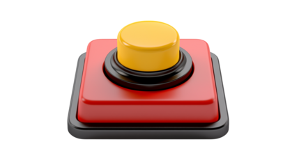 A close up of a red and yellow button on a black background in studio shot