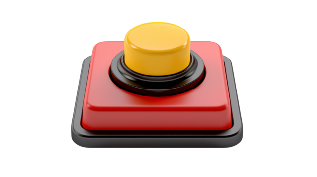 A close up of a red and yellow button on a black background in studio shot
