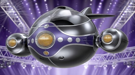 Futuristic Metallic Sphere Vehicle on Stage with Purple Lighting