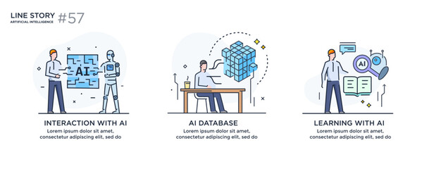 Set of illustrations concept with businessmen. technology, partnership, artificial intelligence business robot, cybes. linear illustration Icons infographics. Landing page site print poster. Line