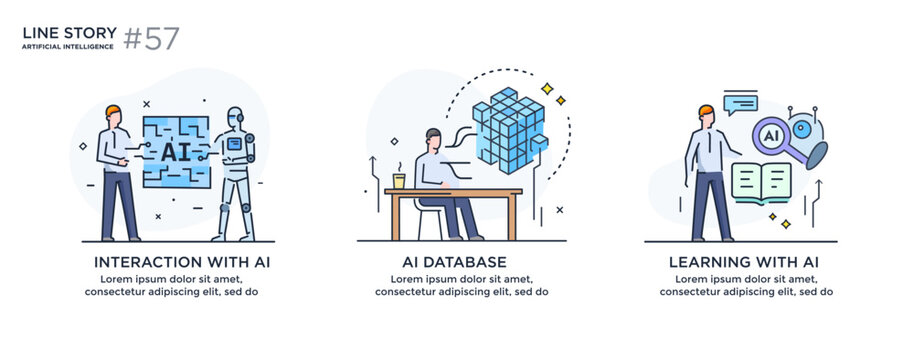 Set of illustrations concept with businessmen. technology, partnership, artificial intelligence business robot, cybes. linear illustration Icons infographics. Landing page site print poster. Line