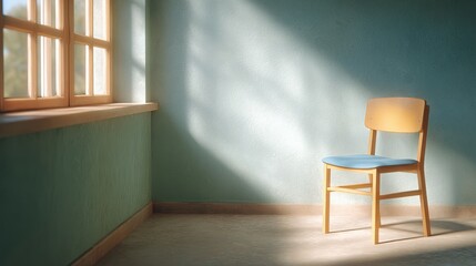 A simple wooden chair positioned in a sunlit room. The soft light casts gentle shadows on the walls, creating a tranquil and inviting atmosphere perfect for relaxation.