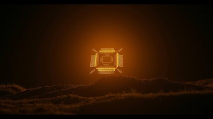 Glowing Microchip on Alien Terrain – Futuristic Circuit Board Floating Over Sci-Fi Landscape in Orange