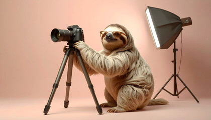 A charming cartoon sloth with glasses, setting up a camera in a photo studio with a soft pink background and softbox light. This image highlights unique humor and creative animal portrayal.