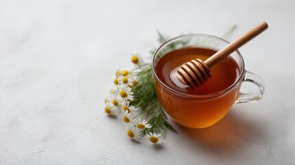 Fototapeta premium A soothing cup of honey tea, garnished with fresh chamomile flowers, perfect for relaxation and wellness. Ideal for health enthusiasts and those seeking comfort in beverages.