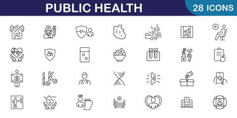 Public health icon set. Set of medical, psychiatric, hospital, equipment, science, bed and treatment areas. Medicine and healthcare web icons in line style. Vector illustration.