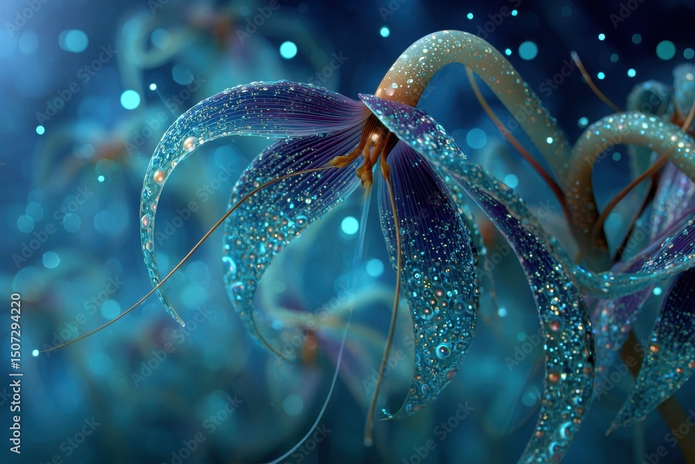 Poster an abstract close-up of a fantasy flower with dewdrops and glowing bokeh, creating a magical and dre