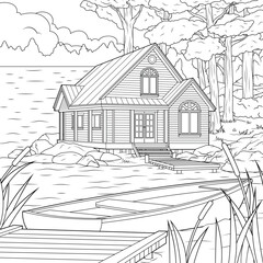 Vector illustration, house by the lake