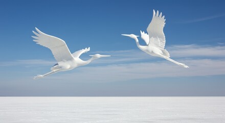 Fototapeta premium White Herons Flying Over a White Surface in the Sky