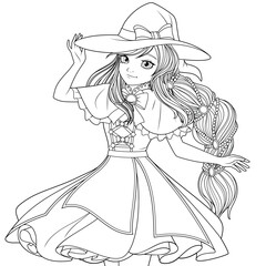 Vector illustration, cute girl in a witch costume