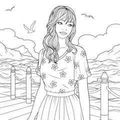 Vector illustration, beautiful girl walking on the pier