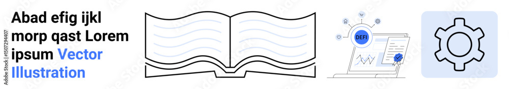 Poster open book with flowing text lines, data analytics chart with linkages, small settings gear icon. ide