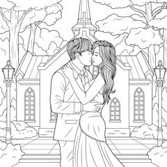Vector illustration, man and girl embrace, declaration of love, coloring