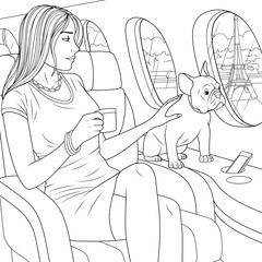 Beautiful girl flies on a plane over paris