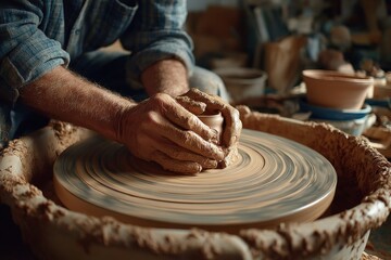 Close-up of experienced potter shaping clay on a spinning wheel, crafting a unique ceramic vessel with focus and skill, in a workshop environment.
