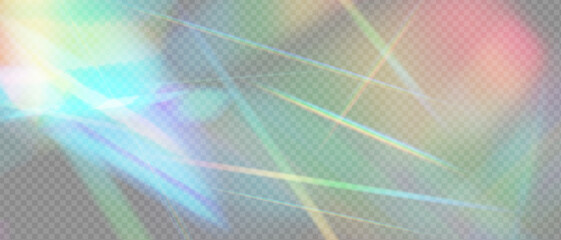 Shiny prism light burst with rainbow flare and crystal glow. Holographic rays reflect on lens and glass surface. Radiant sunbeam effect with glitter, magic glare and camera film spark.