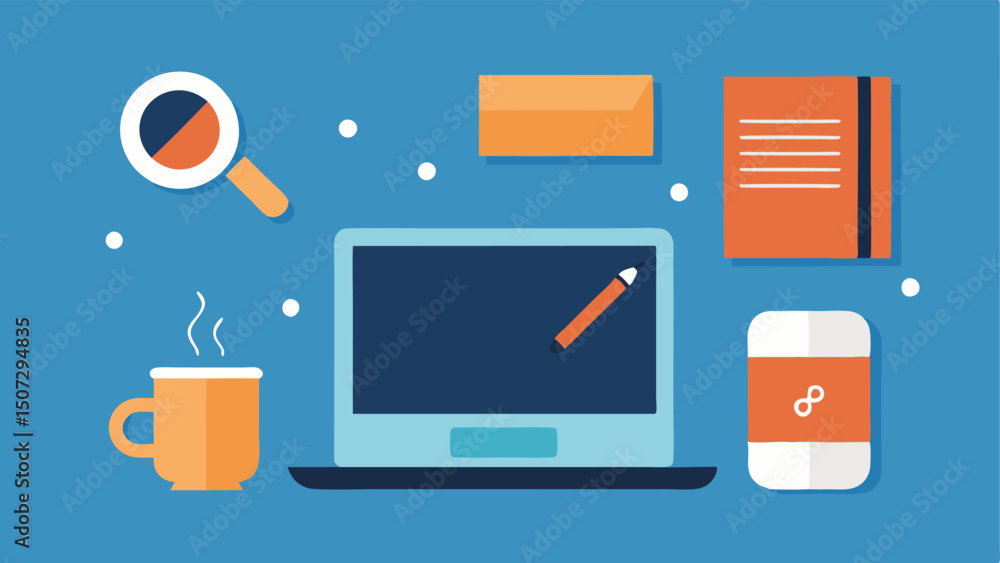 Poster empty desk a workspace featuring just a laptop a notepad and a pen illustrating a distractionfree zo