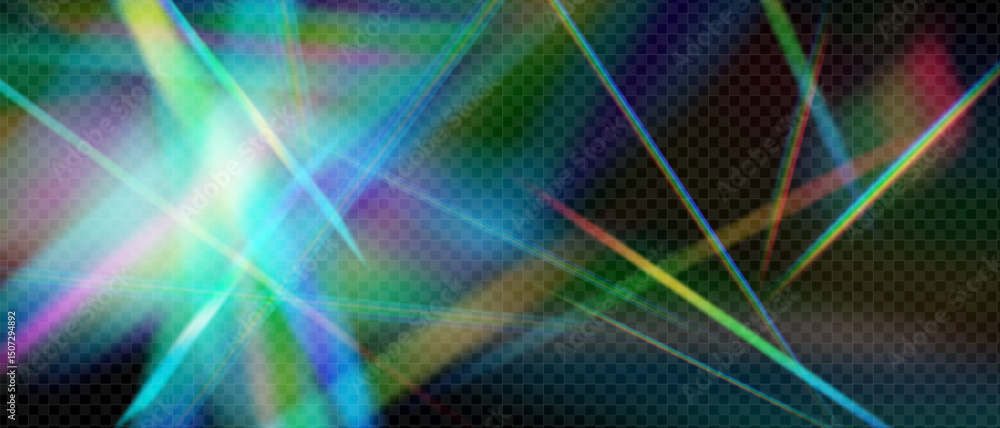 Poster minimal prism light with rainbow flare and bokeh spark. iridescent crystal glow and abstract glass r