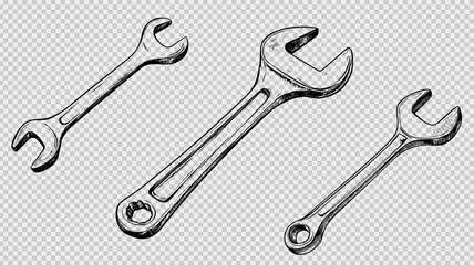 Minimalist Line Drawing of an Open Wrench, Black Outline on White Background with Clean Contours, Ideal for Coloring Pages, Digital Art Techniques, or Cutout Design Projects
