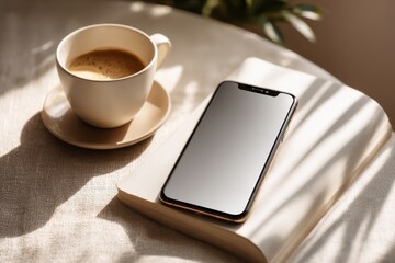 A cozy morning scene with coffee, a book and a mobile phone on a sunny table, creating a relaxing and inviting atmosphere for work or leisure.