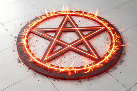 Burning Pentacle symbol in a circle. Fire animation pentagram symbol talisman pentacle esoteric pentagram. Pentacle red neon star amulet satanic pentagram amulet talisman. Esoteric white Background