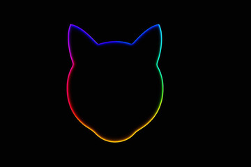 Minimalistic neon cat silhouette with vibrant rainbow gradient lighting on a black background, perfect for digital art, modern design, or creative projects.