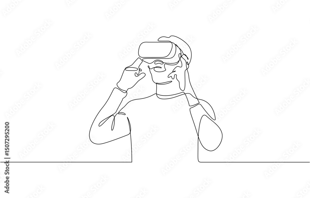 Fototapete young man wearing 3d or vr glasses in continuous one line drawing, virtual reality game player conce