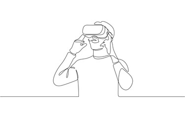 Young man wearing 3d or VR glasses in continuous one line drawing, Virtual reality game player concept one line draw design vector illustration.