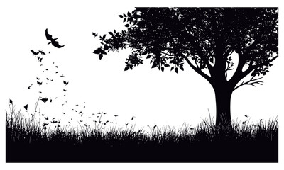 Autumn Prairie Elm Tree, Woodland Silhouette, Seasonal Tree Vector Illustration, Black Tree in Nature Scene, Rustic Forest Cutout, tranquil landscape, countryside vibes.