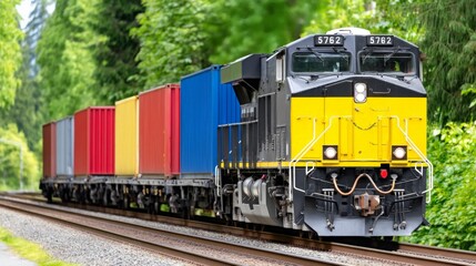 Naklejka premium Freight train with colorful containers moving along a green landscape railway track