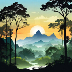 sunrise in the mountains silhouette | green forest vector 